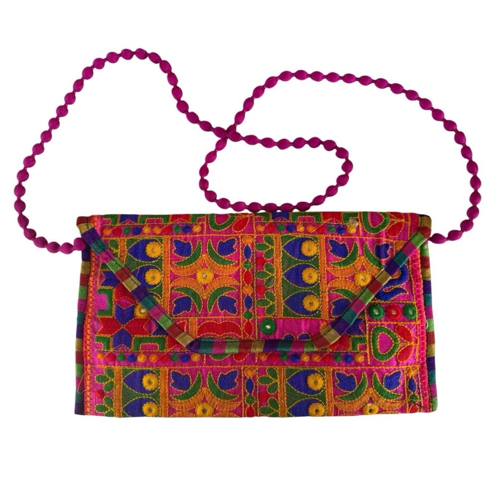 Boho Embroidered Clutch Purse Pink Multicolor Ethnic Crossbody Festival Bag - Picture 2 of 9